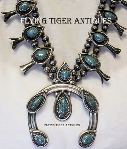 Ca 1970 Navajo Silver & Natural Lone Mountain Micro-web Turquoise Squash Blossom Necklace