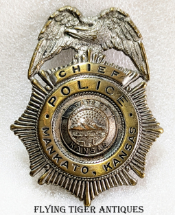 Large 1950s Mankato KS Police Chief Badge in Nickel Plated Brass & Copper