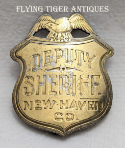 Beautiful Hand Engraved Gold-Plated Coin Silver ca 1900 New Haven Co CT Deputy Sheriff Badge