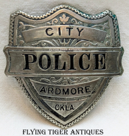 Ext Rare ca 1910 Ardmore Oklahoma City Police Badge in Nickel Plated Nickel