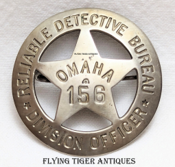 1910s Omaha NE Reliable Detective Bureau D.V. Officer Circle Star Badge # 156