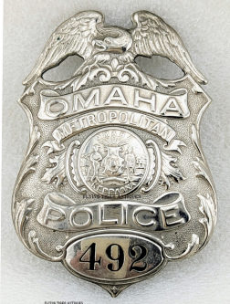 Beautiful 1900s-1910s Omaha NE Metropolitan Police Badge #492 with T Pin
