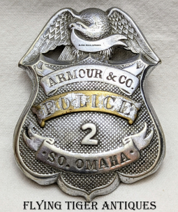 Wonderful HUGE ca 1900 Armour & Co Plant Police Badge from SOUTH Omaha NE