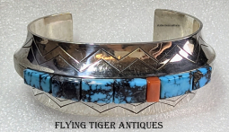 Modernist Navajo Silver Cobblestone Inlay Bracelet w Coral & Indian Mtn Turquoise by Patrick Smith