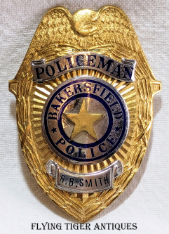 Beautiful ca 1930 Bakersfield CA Police Policeman Badge of R.B. Smith Shirt Size with Riveted Panels