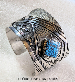 Stunning Navajo Silver Tufa Cast Overlay Bracelet with Gorgeous Number 8 Turquoise by Richard Begay