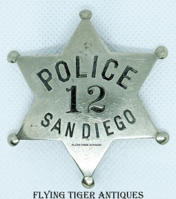 Extremely Rare ca 1905 FIRST RUN Series III (Series 2.5??) San Diego California Police Badge #12