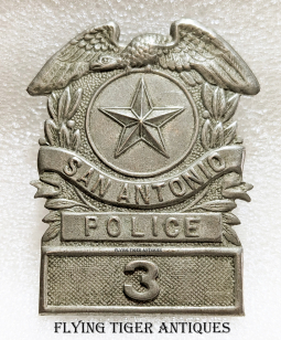 1910s-1920s S.A. TX Police hat Badge #3 Extremely Low number