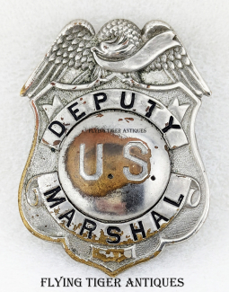 Great Old 1910s-1920s Deputy United States Marshal  Eagle Top Shield Badge in Nickel Plated Brass
