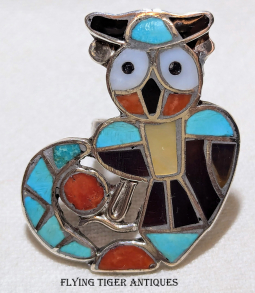 1960s Zuni Silver, Sleeping Beauty Turquoise Coral Heishi Shell Owl & The Moon by Theodore Edaakie