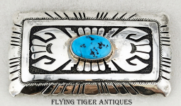 Beautiful Navajo Cast & Stamped Large Silver Belt Buckle w Kingman Turquoise Stone by Thomas Singer