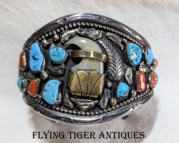 1970s Navajo Artist Tommy Moore Silver Coral Sleeping Beauty Turquoise Faux Horn "Claw" Bracelet