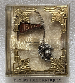 Wonderful 1930s USMC China Marine Enameled Silver Chained Sweetheart Pin in Original Packing