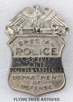 LARGE 1950s-1960s US Navy Mine Defense Lab Dept of Def Special Police Badge #14 by Lavigne Miami