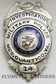 Beautiful 1950s-1960s USMC MCS Quantico VA Military Police Investigator Badge # 14