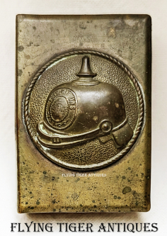 Wonderful WWI Trench Art Gott Mit Uns Pickelhaube Match Box Protector in Brass