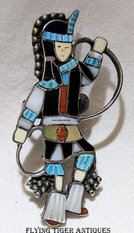 Large 1970s-80s Zuni Silver & Inlay Dancer Ring by Janet Amesoli 7-3/4