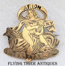 Lovely 1860s Hand-Engraved 14K Gold Member Lapel Badge for Once Exclusive Arion Society, New York