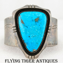 1960s-70s Large Bold Navajo Silver Bracelet with HUGE Blue Diamond Turquoise