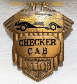 1940s Checker Cab Taxi Driver Hat Badge #110 in Enameled Bronze