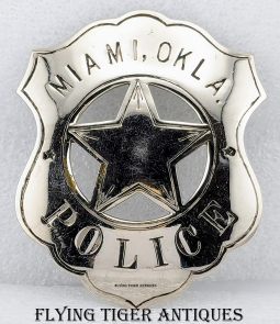 LARGE Old West ca 1910s Miami OK Circle Cut Out Star Shield Police Badge in Nickel Plated Brass