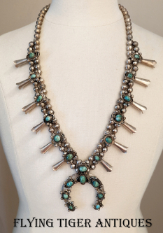 Great Vintage 50s-60s Navajo Squash Blossom Necklace with Classic light green Turquoise Mt. Stone