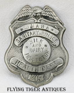 Wonderful ca 1900 Omaha NE Health Dept Sanitary Police Milk & Dairy Inspector Badge # 203