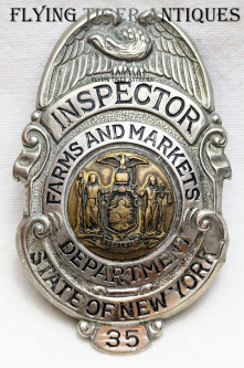 Great Old ca 1900 NY Farms & Markets Dept Inspector Badge # 35 by Quayle Albany