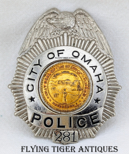 Ext Rare Short-lived Late 1930s Omaha NE Eagle Top Sunburst Police Badge # 281 by Art Burnside