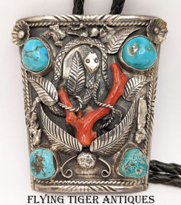 Fantastic Huge 1950s-1960s Zuni Silver Coral & Cerrillos Turquoise Bolo Tie w Snake by OTHO