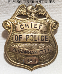 Great Old West Ca 1900s - 10s Arkansas City Kansas Police Chief Hand Stamped Gold Front Badge