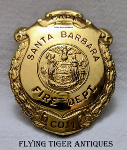 Ca 1930s Santa Barbara CA Fire Dept CAPTAIN Company 1 Hat Badge