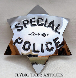 Large Heavy 1960s Special Police 6-pt Star Badge in Chrome Plated Brass