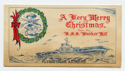 WWII USN Bunker Hill Christmas Card with Disney Designed Donald Duck Insignia ca 1944 CV-17