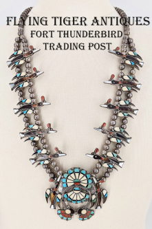 Incredible 1950s-60s Zuni Silver Turquoise Coral Water Bird Squash Blossom Necklace by Fred Bowannie