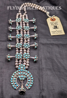 Wonderful ca 1970 Zuni Silver & Sleeping Beauty Turquoise Squash Blossom in Bernard Bowekaty Style