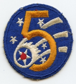 WWII USAAF 5th Air Force Patch: Thin 5, Small Star Variant, Lightly Used