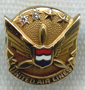 Circa 1960s United Air Lines 15 Years of Service Lapel Pin in 10K Gold ...