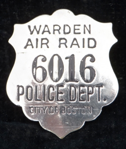 Nice WWII Boston(MA) Police Issued Air Raid Warden Badge #6016