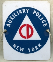 Great Cold War Era Civil Defense Auxiliary Police Celluloid Arm Badge for New York