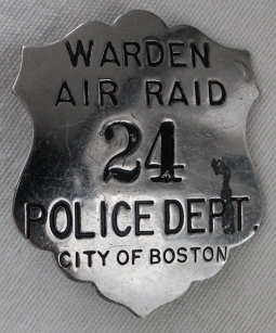 Very Nice, WWII Boston, Mass. Police Air Raid Warden Badge with Extremely Low #24