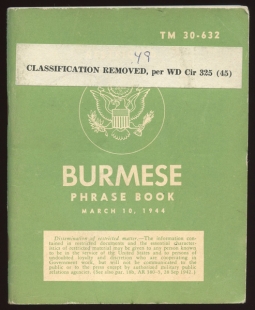 WWII US Army Technical Manual TM 30-632 Burmese Phrase Book in Nice Condition with Label