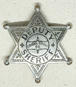 Great 1910's - early 20's Contra Costa, CA Dep. Sheriff Badge by Chipron Stamp Co. "Baseball" 6 pt.