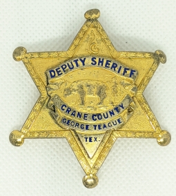 Beautiful 1930's - 40's Crane Co. Texas Dep. Sheriff Badge in Gilt Sterling Silver.