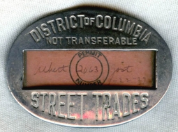 Interesting Circa 1941 District of Columbia Street Trades License Badge