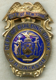 Gorgeous 1910's -20's City of N.Y. Bronx Dept. of Building Inspector's Badge Named to J.R. Jackson