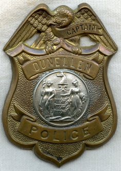 Great 1920's Dunellen, NJ Police Captain Badge. Rare Rank, 1st Police Captain Badge for the City