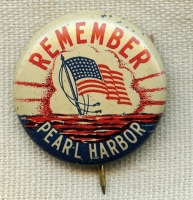 Poignant Early WWII "Remember Pearl Harbor" Tin Lithographed Pin with Union Label