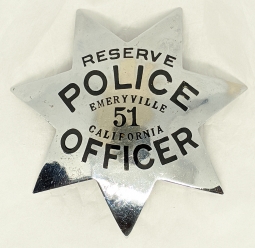 1940s - 1950s Emeryville CA Reserve Police Officer 7pt Star Badge by Ed Jones