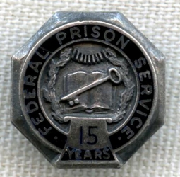 1930's - 40's United States Federal Prison 15 Year Service Pin. Sterling by Bastian Bros., New York